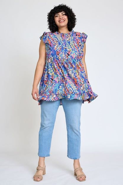 Ruffle floral leaf woven tunic top