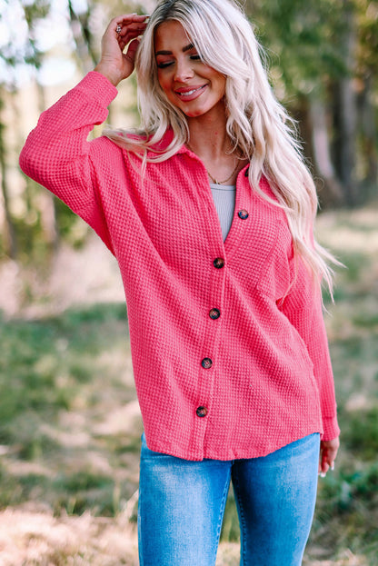 Hot Pink Pocket Buttons Front Waffle Knit Top