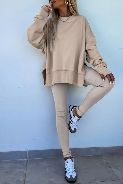 Orchid Mist Solid Color Oversized Slit Sweatshirt Ribbed Leggings Set