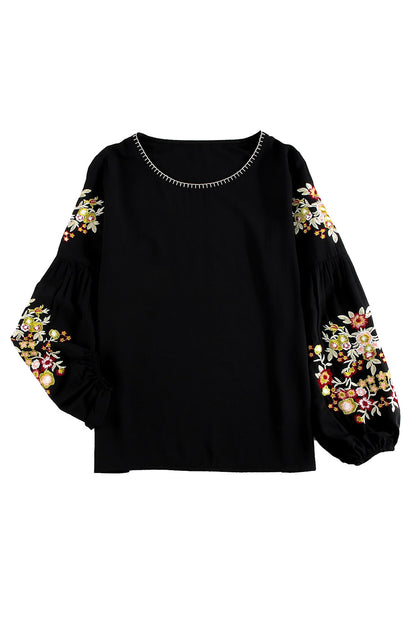 Black Flower Embroidered Jewel Neckline Long Sleeve Shirt