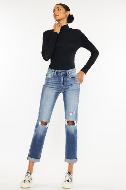 High Rise Hem Detail Slim Straight Jeans