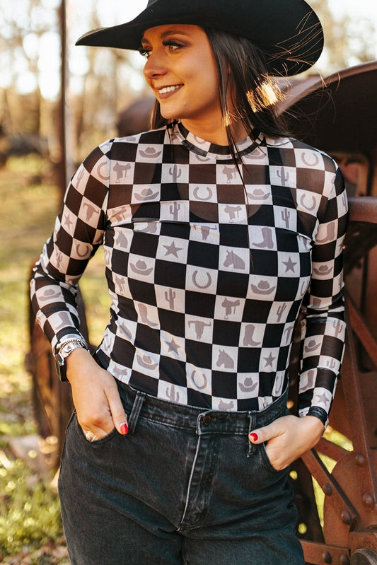 Black Checkerboard Mesh Slim Fit Long Sleeve Top