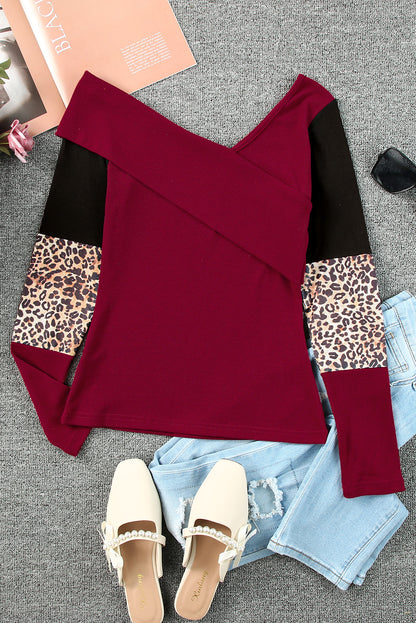 Red Leopard Color Block Casual Ribbed Cross Wrap Shoulder Top