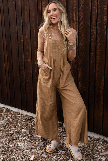 Brown Striped Pleated Pockets Wide Leg Jumpsuit