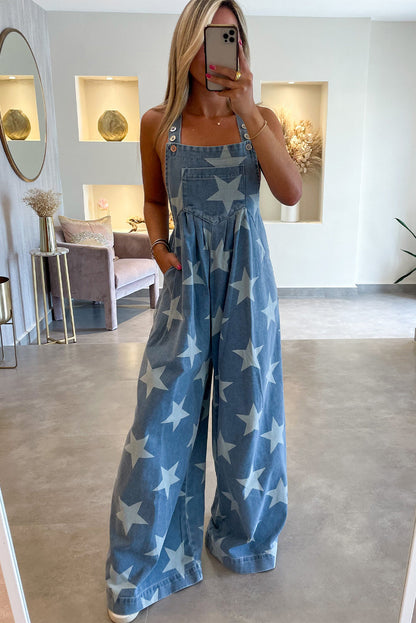 White Star Print Button Strap Pleated Wide Leg Denim Overall