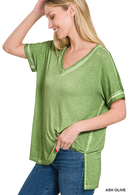 WASHED SHORT SLEEVE V-NECK TOP W HI-LOW HEM