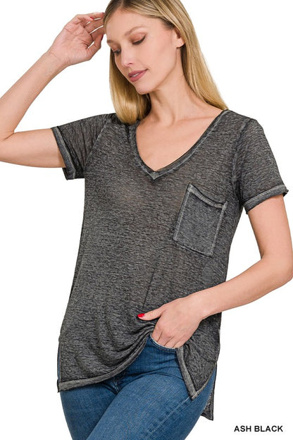 WASHED MELANGE BURNOUT SCOOP V-NECK TOP