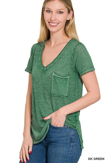 WASHED MELANGE BURNOUT SCOOP V-NECK TOP