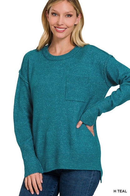 MELANGE HI-LOW HEM ROUND NECK SWEATER