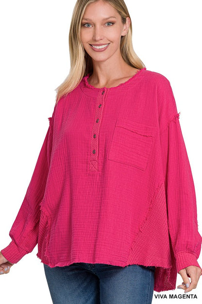 Double Gauze Oversized 3/4 Button Henley Neck Top