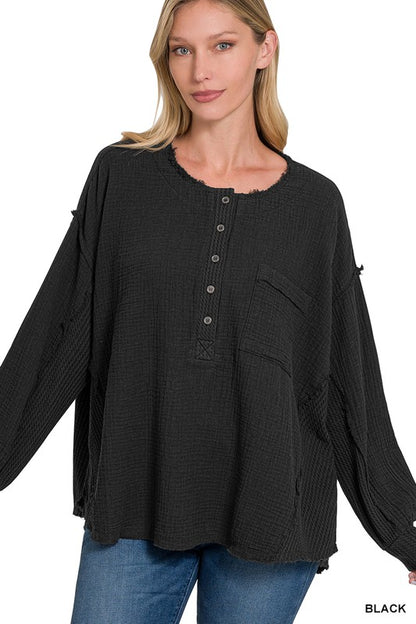 Double Gauze Oversized 3/4 Button Henley Neck Top