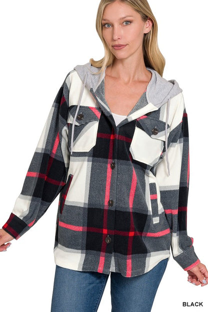 PLAID DRAWSTRING HOODED FLEECE SHACKET