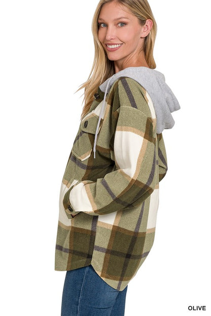 PLAID DRAWSTRING HOODED FLEECE SHACKET