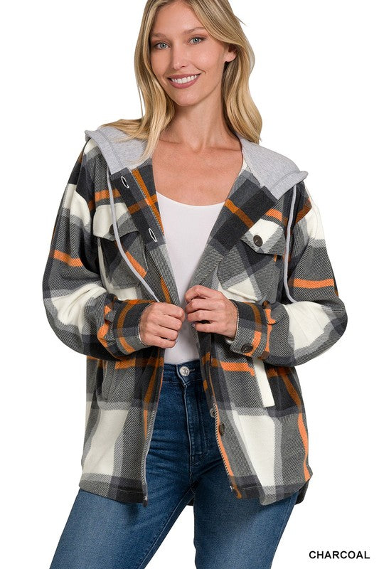 PLAID DRAWSTRING HOODED FLEECE SHACKET