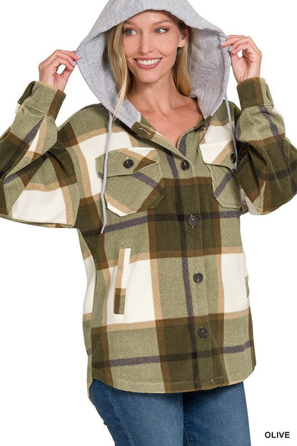 PLAID DRAWSTRING HOODED FLEECE SHACKET