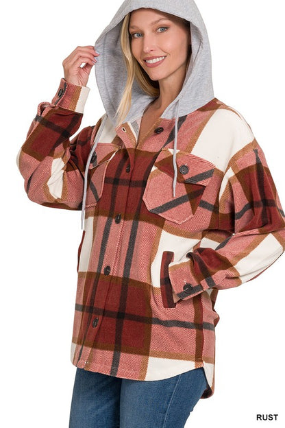 PLAID DRAWSTRING HOODED FLEECE SHACKET