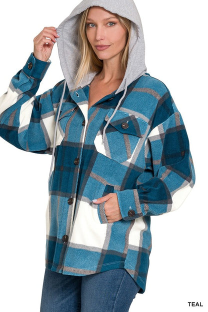 PLAID DRAWSTRING HOODED FLEECE SHACKET