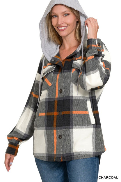 PLAID DRAWSTRING HOODED FLEECE SHACKET