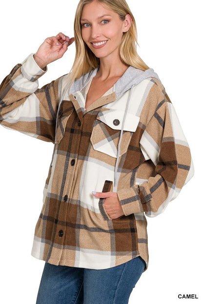 PLAID DRAWSTRING HOODED FLEECE SHACKET