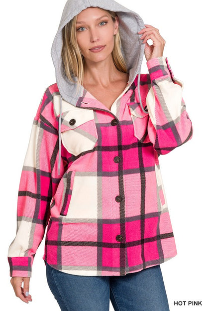 PLAID DRAWSTRING HOODED FLEECE SHACKET