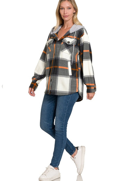 PLAID DRAWSTRING HOODED FLEECE SHACKET