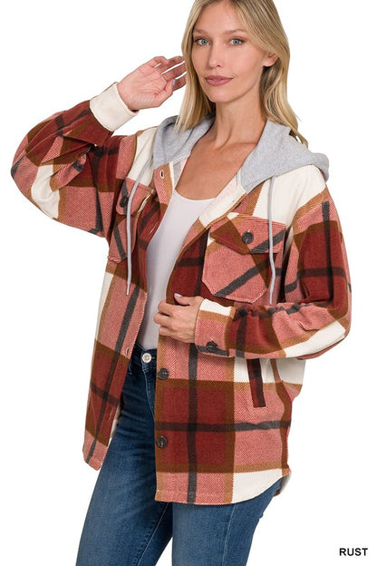 PLAID DRAWSTRING HOODED FLEECE SHACKET