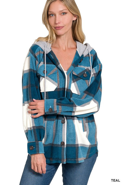 PLAID DRAWSTRING HOODED FLEECE SHACKET