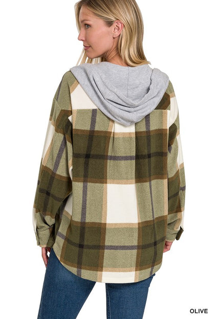 PLAID DRAWSTRING HOODED FLEECE SHACKET