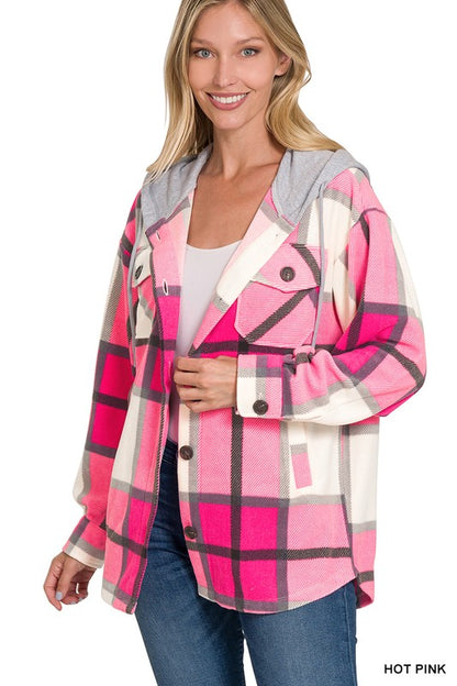 PLAID DRAWSTRING HOODED FLEECE SHACKET