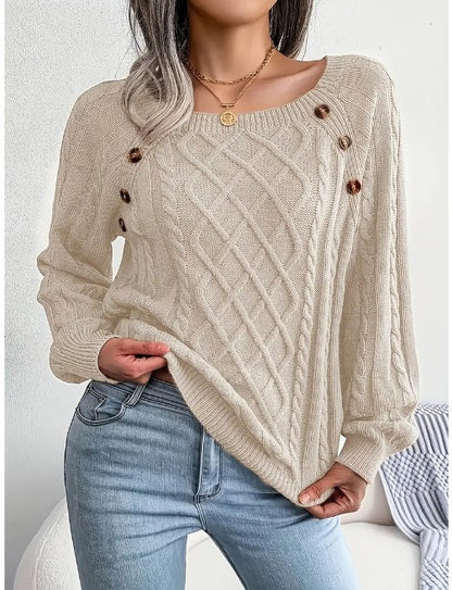 Cable knit preppy button round square  top sweater