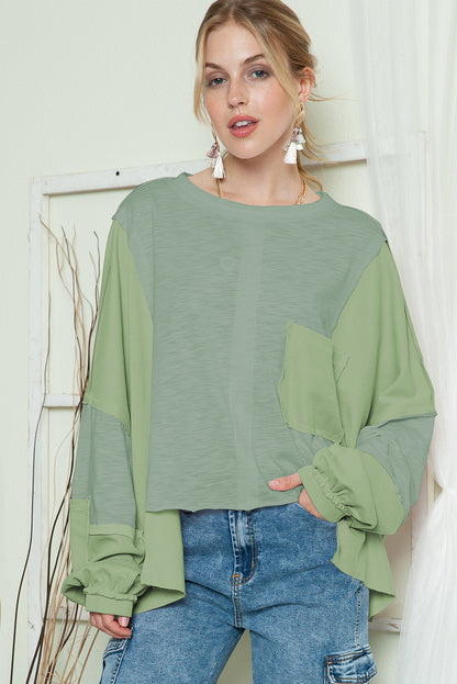 Green Splicing Long Sleeve Pocketed Oversized Top