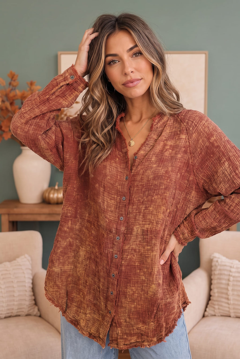 Rust & Gold Washed Button Down Gauze Shirt