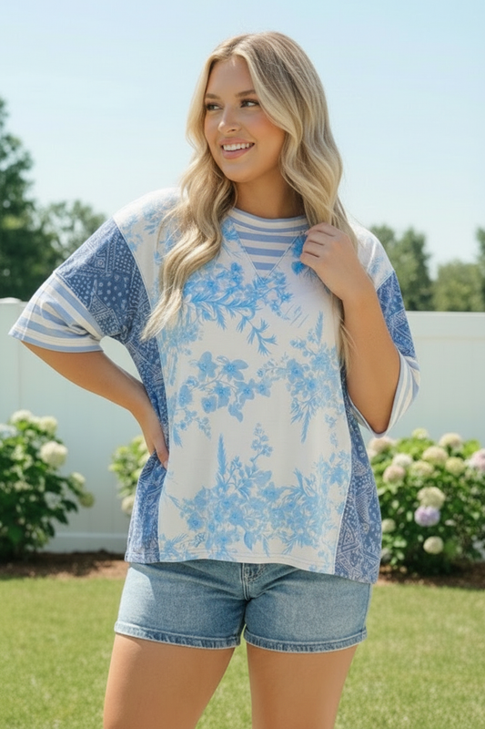 Blue Toile Mixed Print Oversized Tee
