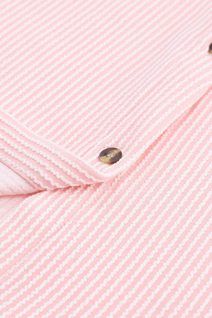 Pink Solid Color Textured Roll Tab Sleeve Shirt Jacket