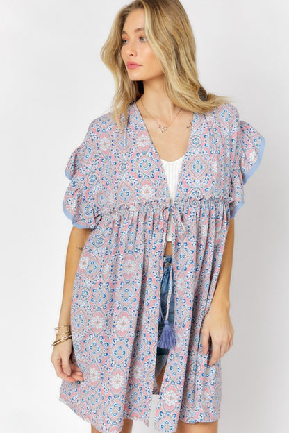 PRINTED SHORT SLEEVE RUFFLE KIMONO