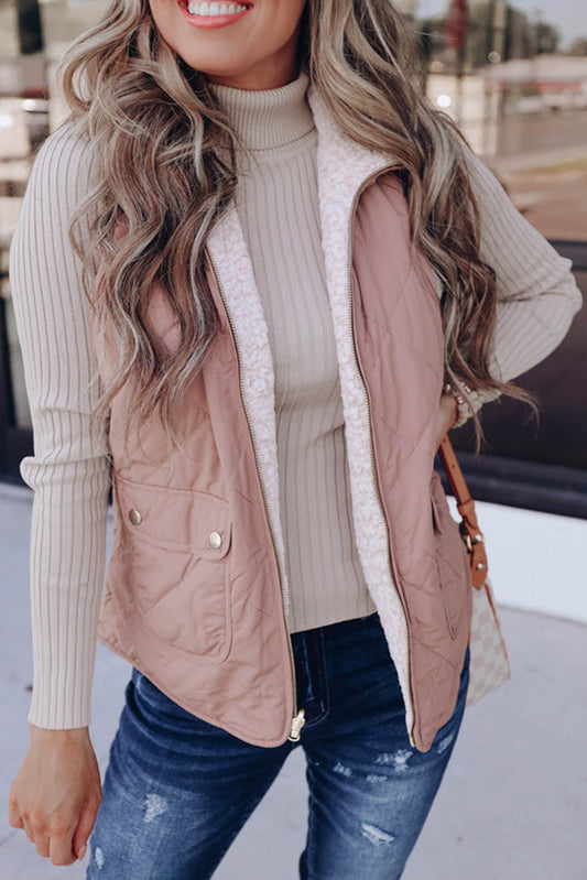 Pink Zip Up Fleece Lined Quilted Vest Coat