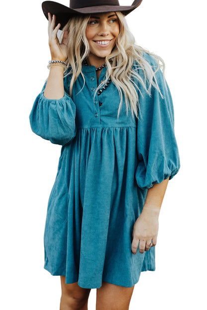 Light Blue Snap Button Empire Waist Lantern Sleeve Corduroy Dress