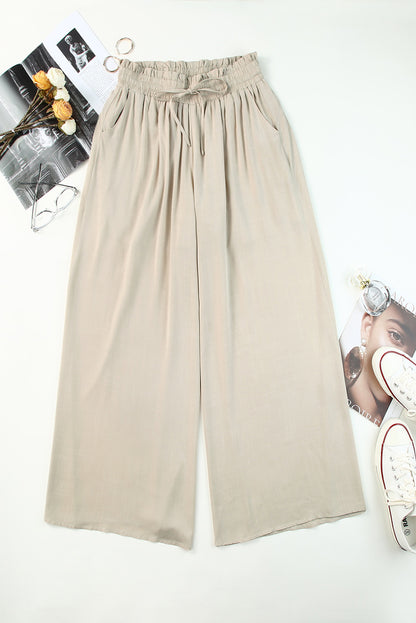 Gray Drawstring Smocked High Waist Wide Leg Pants