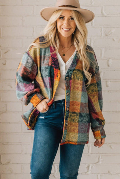 Multicolor Brushed Checked Tunic Buttoned Jacket