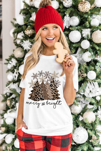 Black Leopard Christmas Tree Heat Transfer Printing Crew Neck Graphic T Shirt