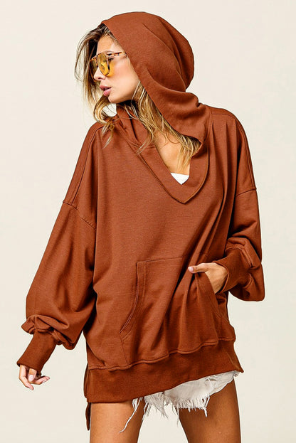 Chestnut Patchwork V-Neck Oversized Slit Hem Sweatshirt