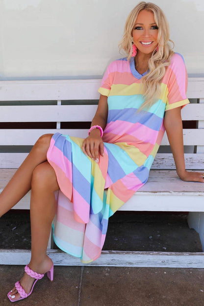 Multicolor Striped V Neck Side Slits T Shirt Dress with Pockets