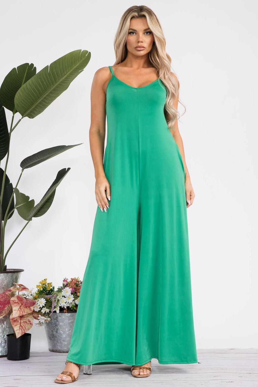 HH697R-S - Spaghetti Strap Wide Leg Jumpsuit