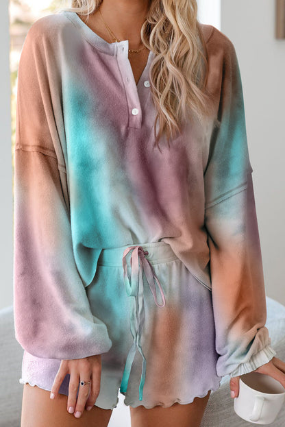 Multicolor Tie Dye Top & Drawstring Shorts Loungewear Set