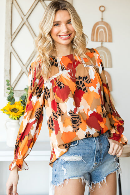 Multicolor Abstract Print Boho Ruffle Long Sleeve Blouse