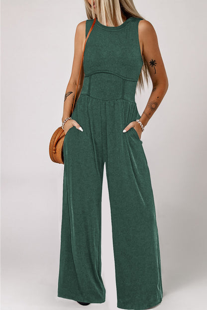 Blackish Green Sleeveless High Waist Wide Leg Jumpsuit