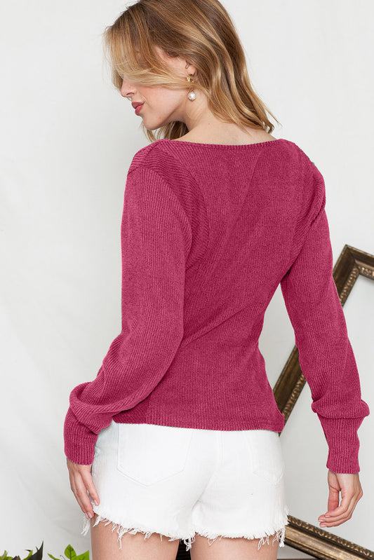 Rose U Neck Textured Long Sleeve Top