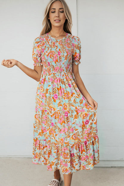 Boho Wide Sleeve Smocked Waist Floral Dress