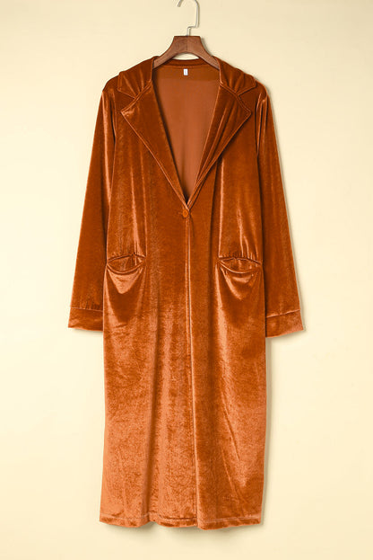 Brown Casual Velvet Lapel Pocket Long Coat