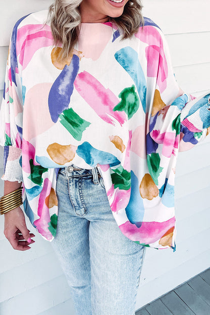 Multicolor Abstract Print Shirred Dolman Sleeve Oversized Blouse